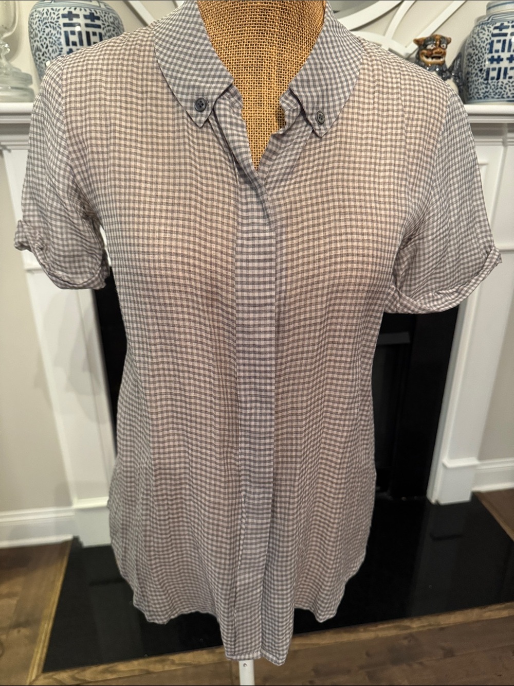 Theory Small Check Button-Down Shirt in Gray and White
